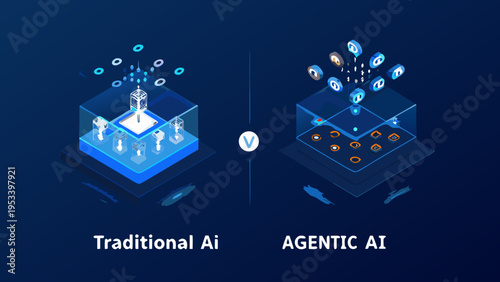 Comparing traditional ai and agentic ai with futuristic cubic visualizations
