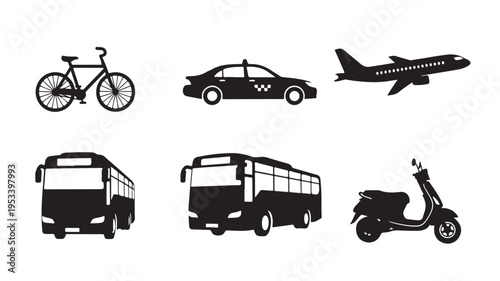Set of 6 transportation icons vector, black silhouettes