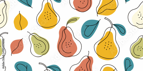 Stylized pear pattern with colorful hand drawn illustrations on a white background