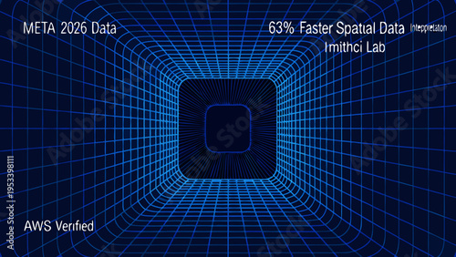 Abstract digital tunnel with glowing blue lines and text overlays