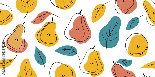 Abstract pattern of colorful pears and leaves on a white background