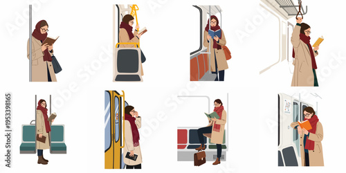 Flat vector illustration collection of a young woman in a trench coat and scarf reading books while commuting on a subway train.