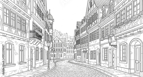 Detailed architectural sketch of a European city street.