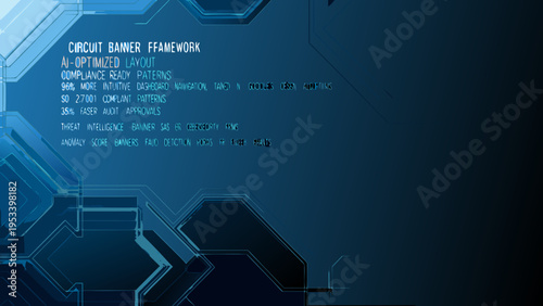 Abstract blue tech background with circuit patterns and text overlays