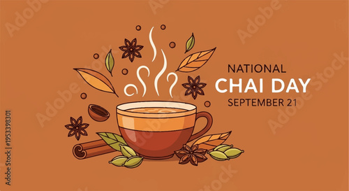 Warm spiced chai tea cup with steam and aromatic spices on national chai day