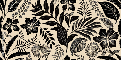 Elegant black floral pattern with tropical leaves on a beige background