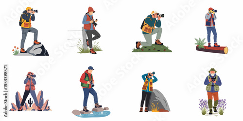 Flat vector collection of nature photographers taking pictures in various outdoor environments like mountains, forests, and fields.