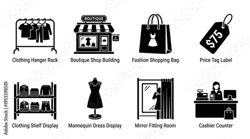 Retail Icons: Black and White Clothing Store Labels for Fashion Design
