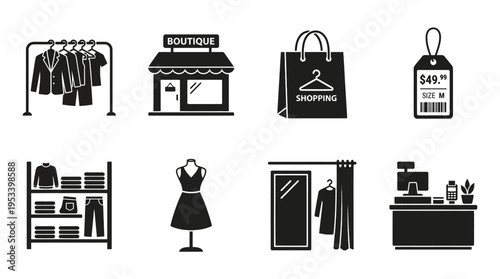 Retail Icons: Black and White Clothing Store Labels for Fashion Design