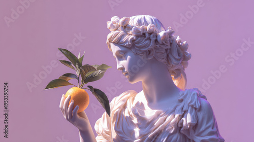a female greek god statue holding an orange with leaf, soft lighting, pastel light purple color background