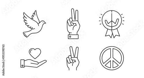 Set of peace symbols and icons in line art style.