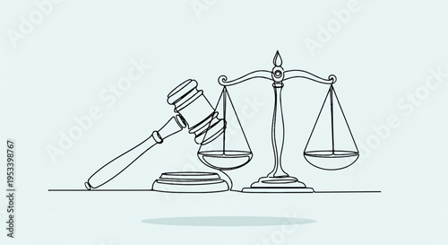 Law and justice concept with gavel scales and books on a desk in a simple line drawing style
