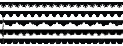 Scalloped edge seamless set. borders and dividers. Simple scalloped border. Repeat cute vintage frill ornament. Texture ribbons. Vector illustration isolated on white background. 