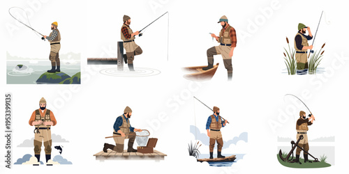 Diverse collection of flat vector illustrations featuring a bearded fisherman in various poses, including casting, preparing gear, and standing by the scenic water.
