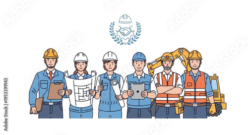 Diverse construction workers team with blueprints and equipment.