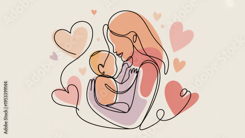 Mother tenderly holding newborn baby surrounded by hearts symbolizing love and care