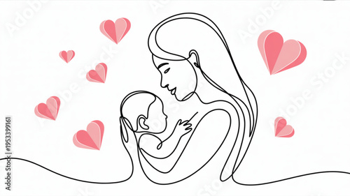 Mother holding newborn baby with hearts around them symbolizing love and care in a simple line drawing
