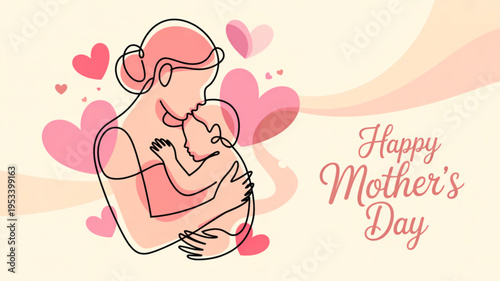 Mother holding baby surrounded by hearts happy mother's day