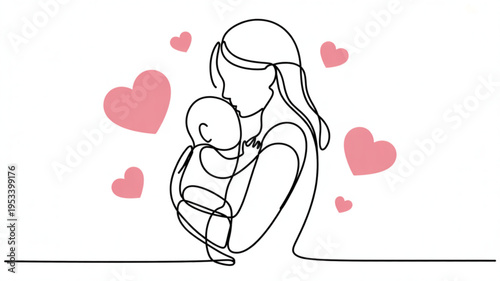 Mother tenderly holding and kissing her baby surrounded by pink hearts symbolizing love and affection in a simple line art style