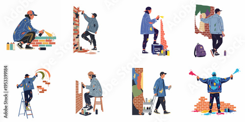 Illustration set of street artists and graffiti creators painting urban walls with spray cans, featuring diverse characters and artistic poses.