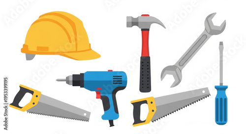 Collection of construction tools and safety helmet.