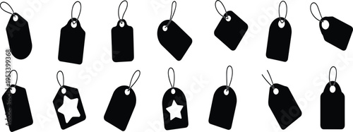 Assortment of Black Silhouette Price Tags and Labels with Hanging Cords Keywords: price tag, label, sale, shopping, retail, tag