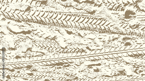 13-88. Abstract background vector image of beach sand texture with tire marks and footprints - illustration.
