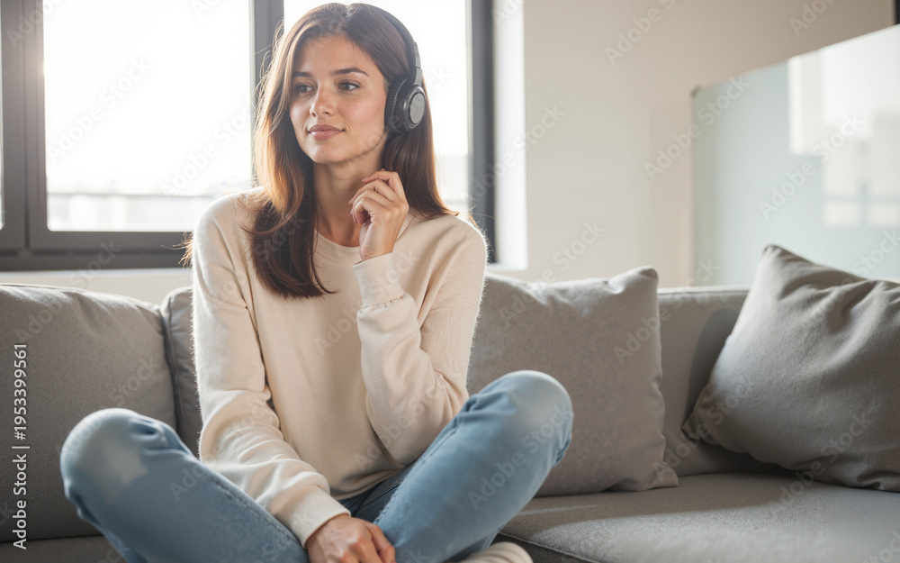 Obraz premium Young Woman Meditating with Headphones on Sofa – Serene Mindfulness Practice for Mental Wellness Content and Relaxation Blogs