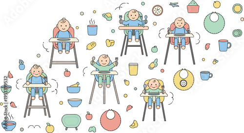 Cute Baby Feeding in High Chair Collection with Newborn Infants Eating Meals Drinking and Playing with Food Cartoon Vector Illustration Style.