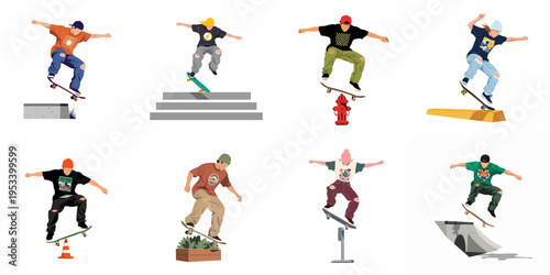 Set of eight flat vector illustrations of diverse skateboarders performing various tricks and jumps over urban street obstacles on a white background.