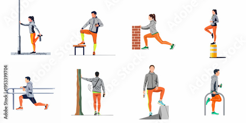 Collection of urban athletes performing various warm-up and stretching exercises in outdoor settings, depicted in a flat vector illustration style.