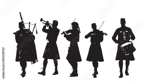 Set of 5 Scottish musicians vector silhouettes
