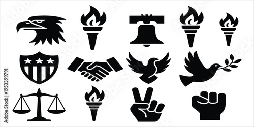 Black Silhouettes of American Symbols and Icons on White Background eagle torch