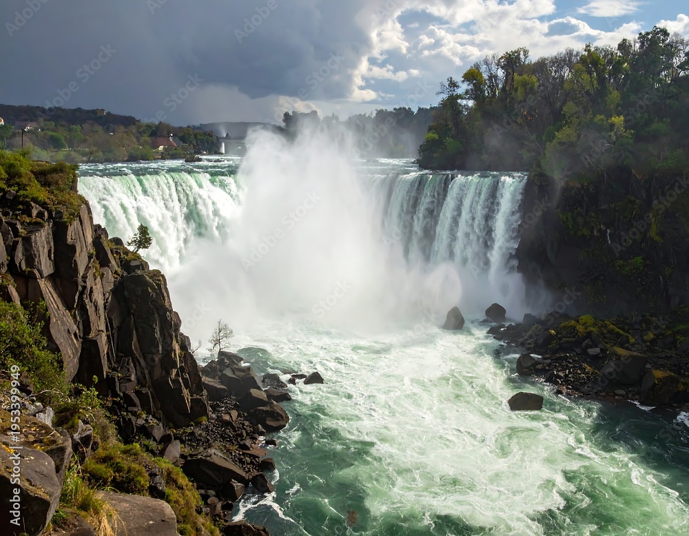 Fototapeta premium A large waterfall on a river surrounded by rocks and trees