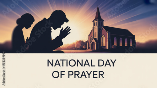 Silhouette of people praying on national day of prayer outside church at sunrise