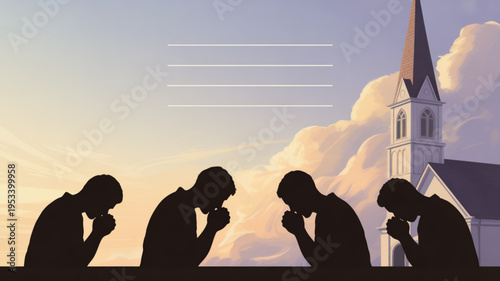 Silhouettes of four people praying in front of a church at sunset with a serene sky