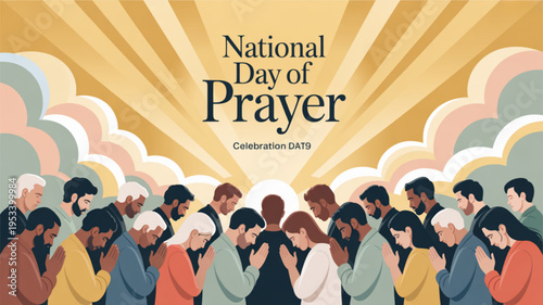 Diverse group of people praying together on national day of prayer with sunburst background