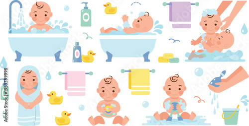 Baby Bath Time Collection with Newborn Infants Washing Playing with Water and Hygiene Elements in Cartoon Vector Illustration Style.