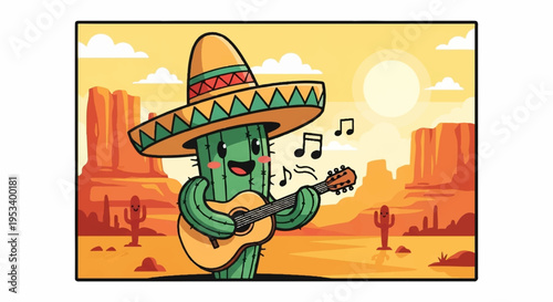 Cactus in sombrero plays guitar in desert landscape at sunset with music notes floating by
