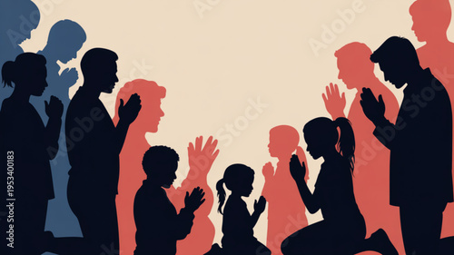 Diverse group of people praying together in silhouette with hands raised in worship and gratitude