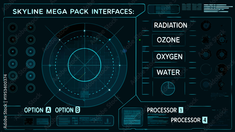 Fototapeta premium Futuristic interface display with radar readings and processor information