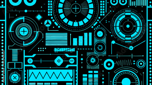 Complex futuristic interface with glowing cyan geometric shapes on black