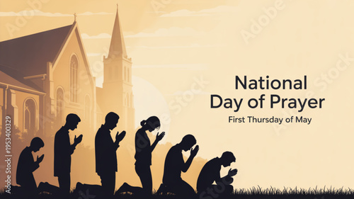 National day of prayer silhouette illustration with church and people praying on first thursday of may