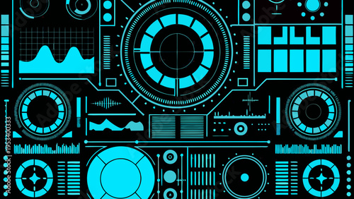 Abstract futuristic interface with glowing teal lines on a black background