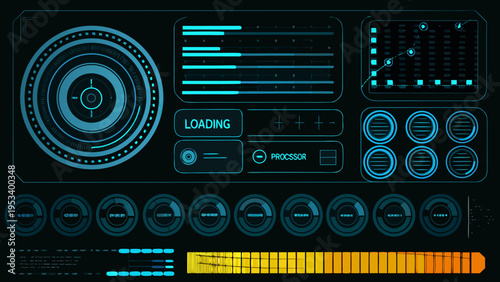 Futuristic user interface with circular dials progress bars and loading indicators