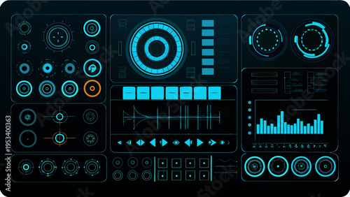 Futuristic interface displaying complex data visualizations and control panels