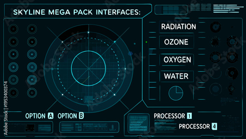 Futuristic interface display with radar readings and processor information