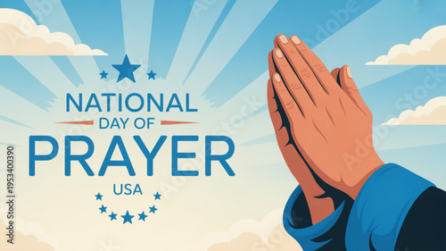 National day of prayer usa hands clasped in prayer with blue sky background and text