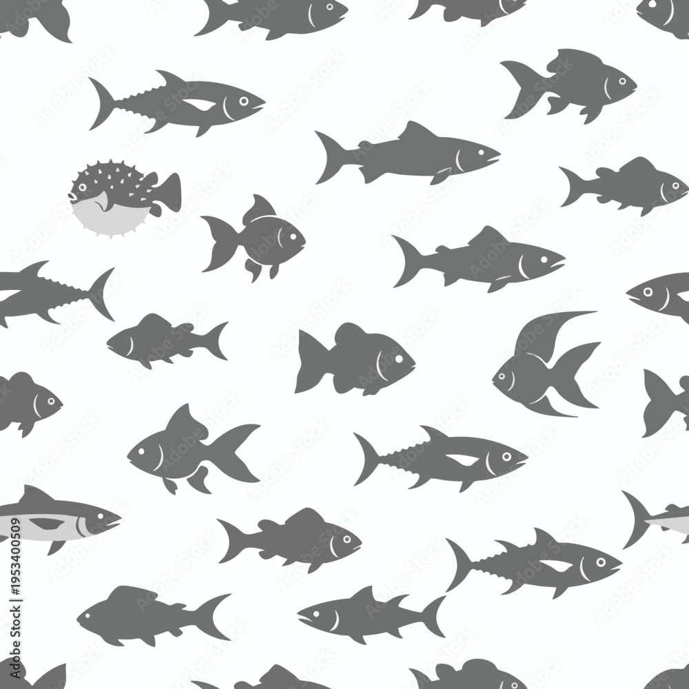 Obraz premium Diverse grey fish silhouettes swim across a white background in a repeating pattern