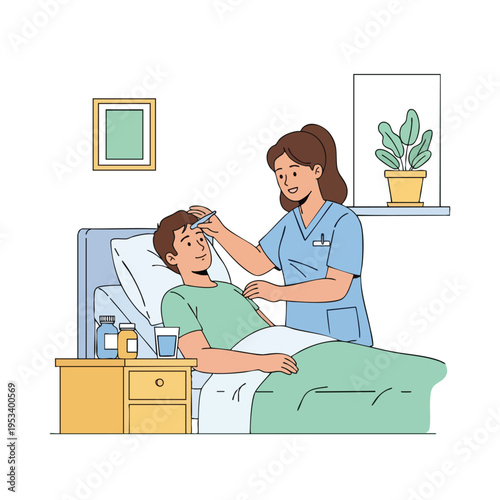 Nurse checks patient's temperature with thermometer, bedside table with meds